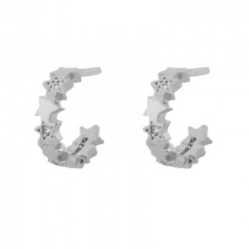 Brinco meia argola pequena intercalado estrelas lisas e zirconia cristal. 11.5mm, prata. 351438