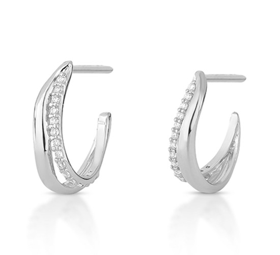 Brinco meia argola media movimento lisa e com zirconia cristal. 14mm, prata. 351566
