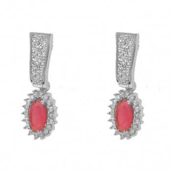 Brinco oval pedra maior vermelho rubi com zirconia cristal em volta e na haste, 20x8mm, Prata. 351608