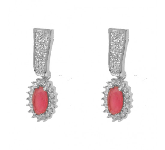 Brinco oval pedra maior vermelho rubi com zirconia cristal em volta e na haste, 20x8mm, Prata. 351608