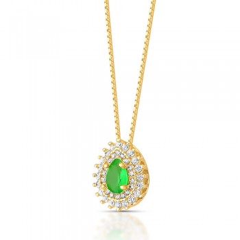 Colar gota pedra maior verde esmeralda com zirconia cristal em volta. 7x5mm. 160004