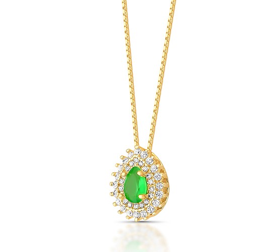 Colar gota pedra maior verde esmeralda com zirconia cristal em volta. 7x5mm. 160004