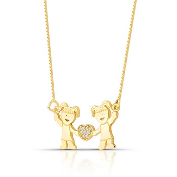 Colar 2 meninas com coracao no meio zirconia cristal. 8x16mm. 161214