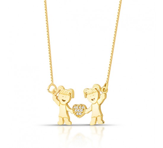 Colar 2 meninas com coracao no meio zirconia cristal. 8x16mm. 161214