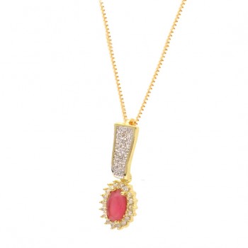 Colar oval pedra maior vermelho rubi com zirconia cristal em volta e na haste. 17x5mm. 161848