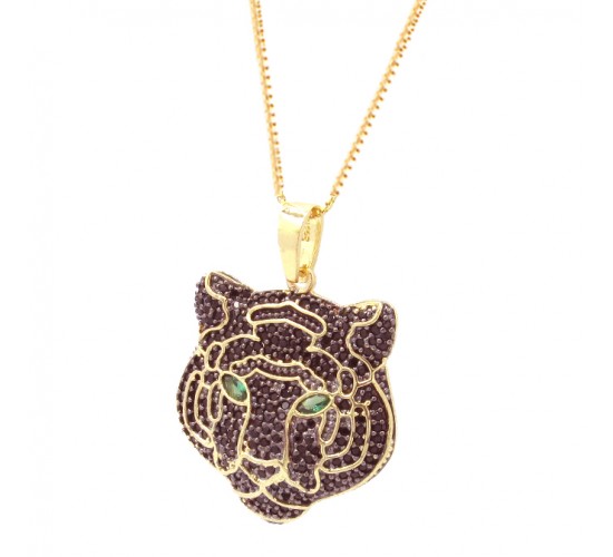 Colar tigre zirconia negra com olhos navete verde esmeralda. 161851
