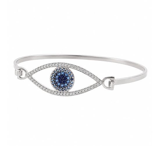 Bracelete olho grego zirconia azul e negra no centro e cristal em volta, Prata. 361201