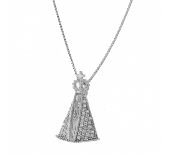 Colar Nossa Senhora Aparecida media com manto zirconia cristal, Prata.  361891